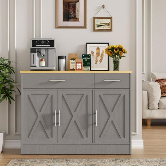 Meilocar Buffet Cabinet with Storage, Coffee Bar Cabinet, Modern Farmhouse Kitchen Cabinets with Drawers and Doors, Wide Sideboard Cabinets for Dining Room, Grey