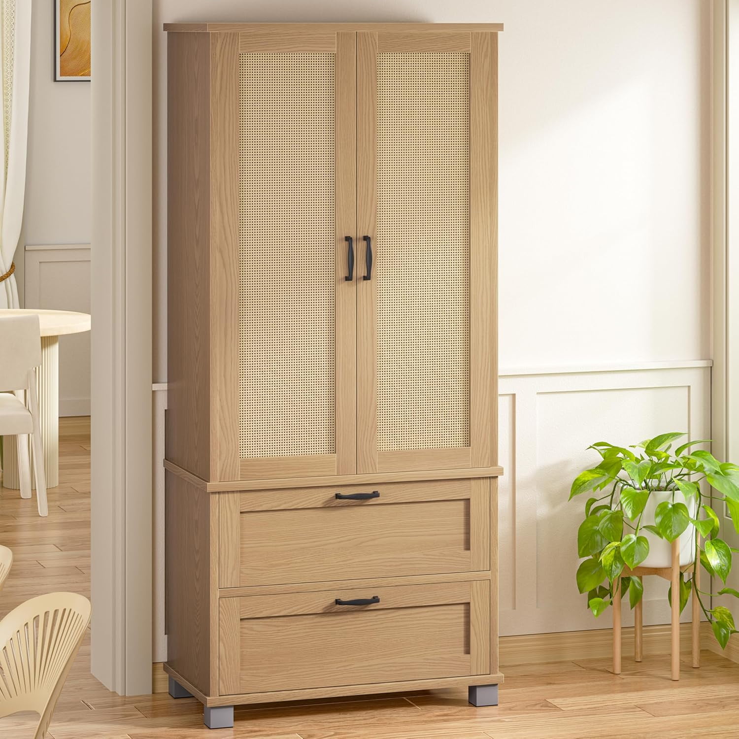 Meilocar Pantry Cabinet, Natural Wood Pantry Cabinet with Rattan Doors ...