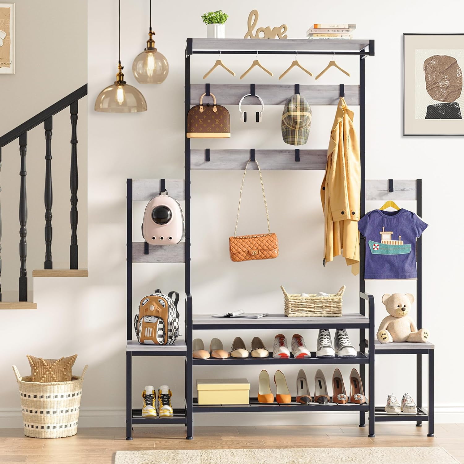 Meilocar Parent-Child Hall Tree with Bench and Shoe Storage, Coat Racks ...