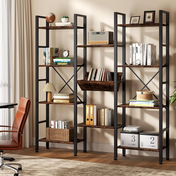 Meilocar Triple Wide 4 Tier Bookcase, 11 Open Display Shelves, Free Standing, Adjustable Shelves for Home Office, Living Room, Bedroom, Rustic Brown