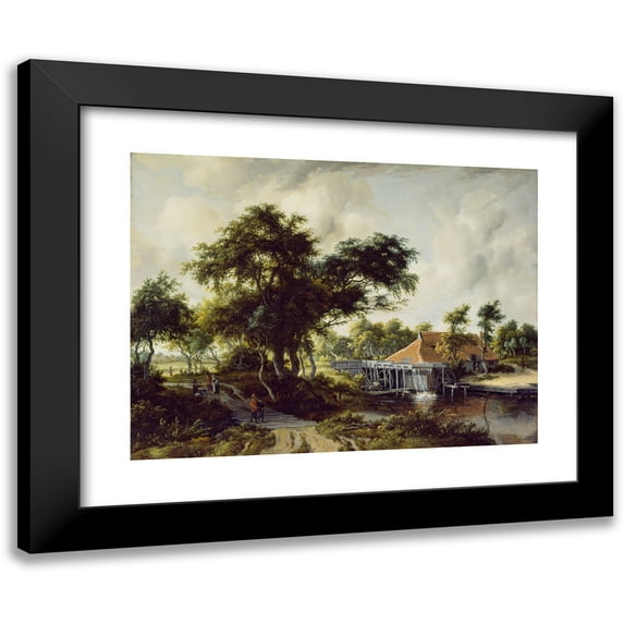Meindert Hobbema 14x12 Black Modern Framed Museum Art Print Titled - A Watermill (C. 1663)