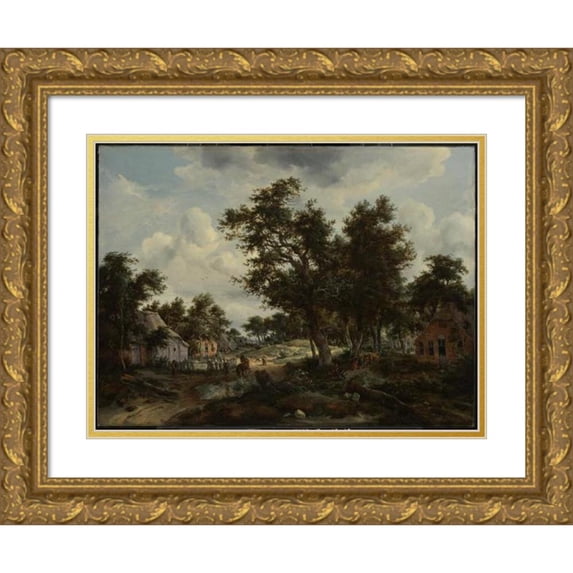 Meindert Hobbema 24x19 Gold Ornate Framed and Double Matted Museum Art Print Titled - A Wooded Landscape with Travelers on a Path Through a Hamlet