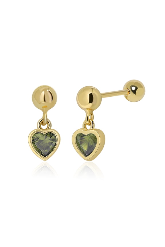 925 Sterling Silver Birthstone Heart Earrings Screw Back Dainty Heart Drop Stud Earrings for Women Gifts for Friend Mother's Day Birthday, August Gold