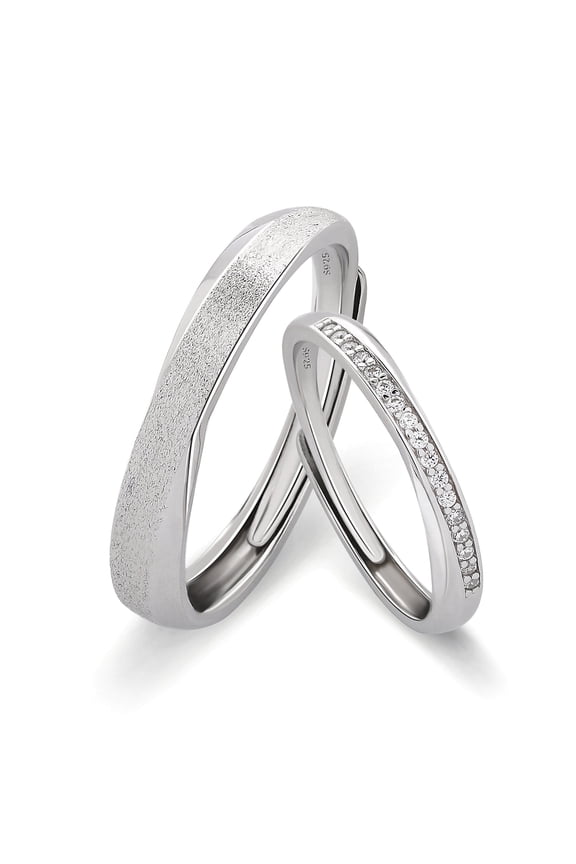 925 Sterling Silver Couple Ring Set – Textured Band & CZ Accent Matching Rings for Him and Her