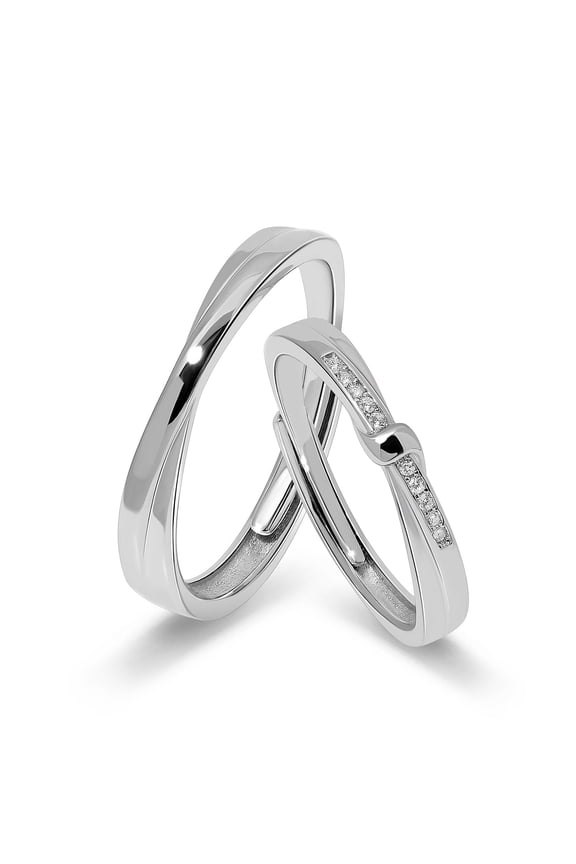 925 Sterling Silver His and Hers Ring Set for Couples Polished Matching Bands with CZ Accent Detail, Comfort Fit Wedding Promise Jewelry