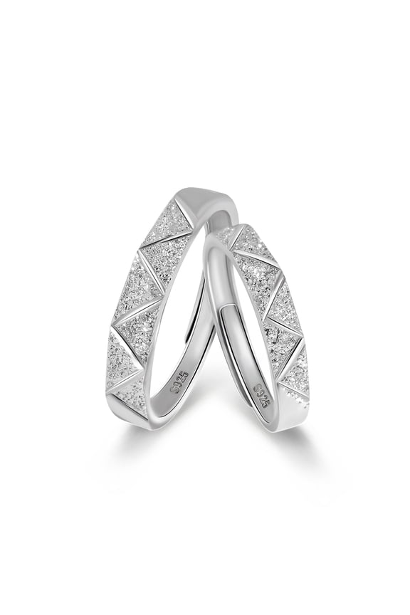 925 Sterling Silver Matching Ring Set – Geometric Textured Bands with CZ Accents, Modern Couple Rings