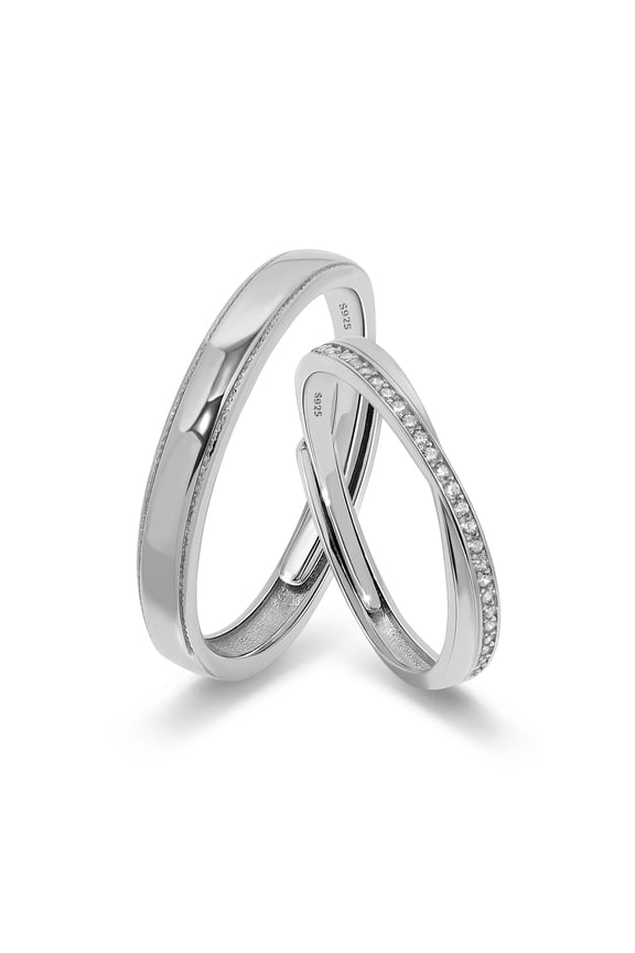 925 Sterling Silver Matching Wedding Bands with CZ Inlay, His and Hers Couple Rings Set, Adjustable Promise Rings for Women and Men, Anniversary Jewelry Gift