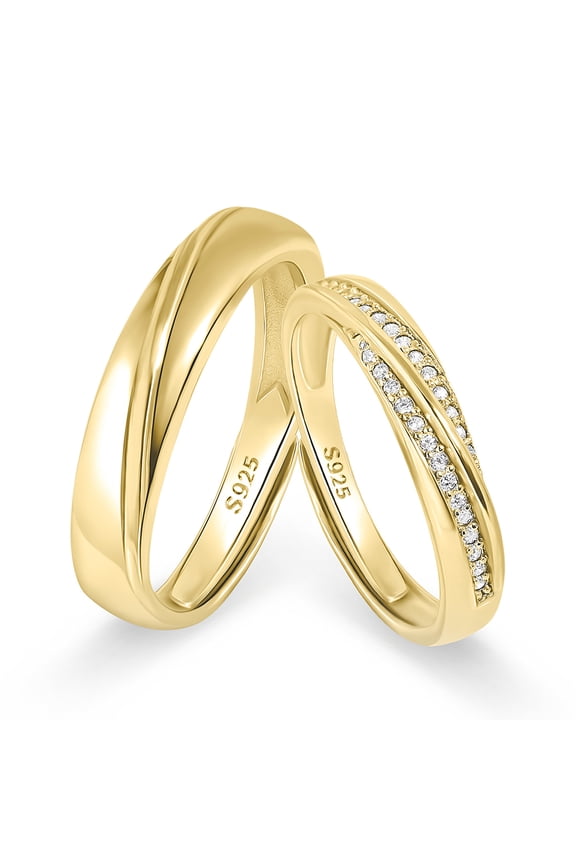 Adjustable 925 Sterling Silver Couple Rings Set, 14K Gold Plated His and Hers Promise Rings with CZ, Open Back Wedding Bands for Men Women Anniversary