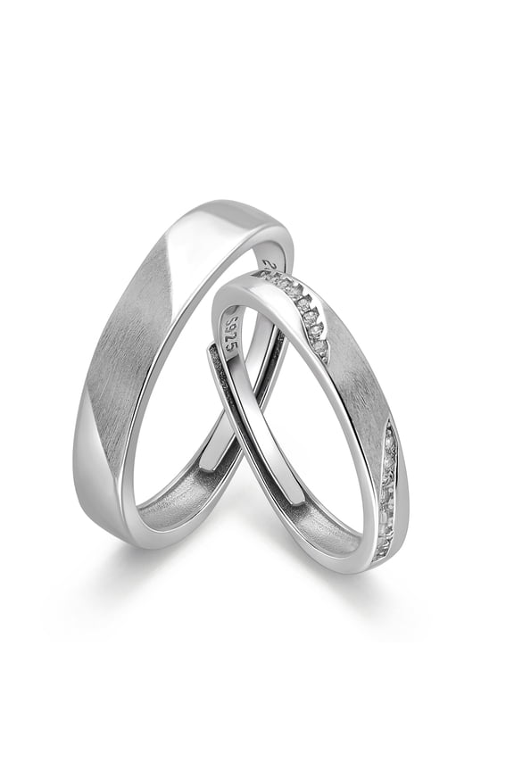 Adjustable S925 Sterling Silver Couple Rings Set, Brushed & Polished CZ Accent Matching Promise Wedding Bands for Men Women Anniversary