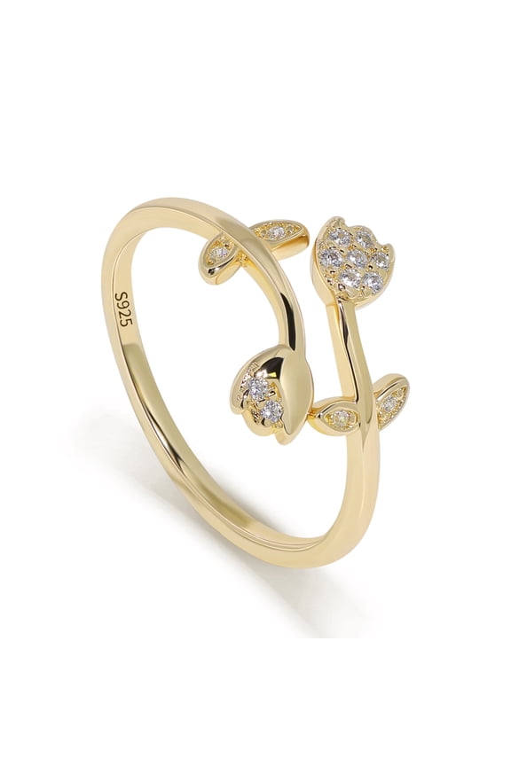 S925 Gold Adjustable Heart Leaf Ring for Women, Polished Crossover Band Ring with Sparkling Details