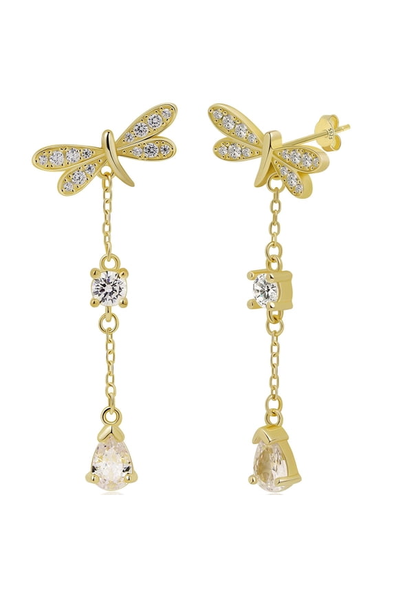 Gold Dragonfly Dangle Earrings with Sparkling Chain and Teardrop Stone for Women