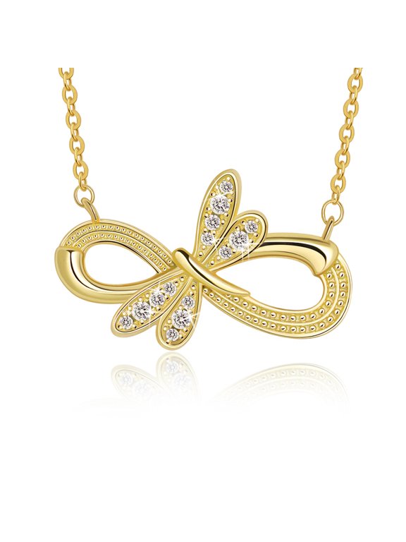 Gold Dragonfly Infinity Pendant Necklace, Elegant Sparkling Chain Necklace for Women