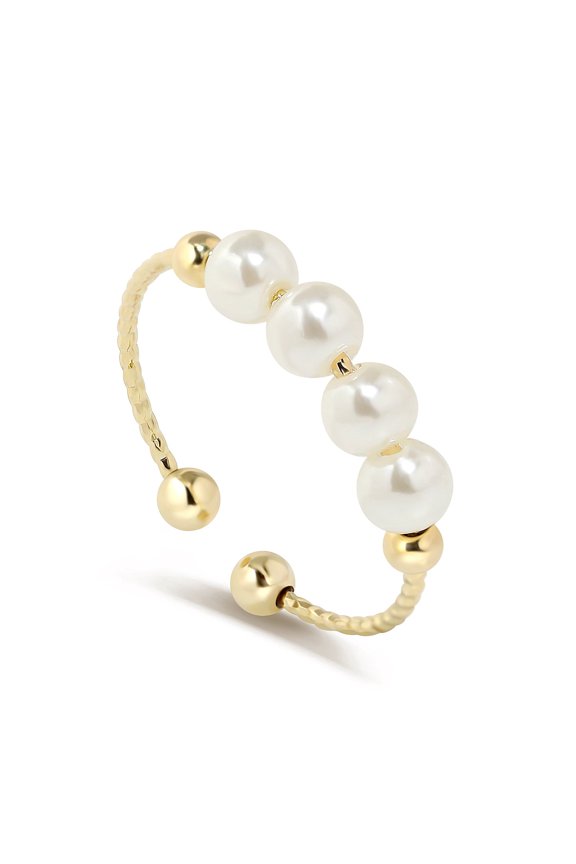 Gold Tone Adjustable Band Pearl Statement Ring with Smooth Round Beads, Classic Fashion Ring for Women