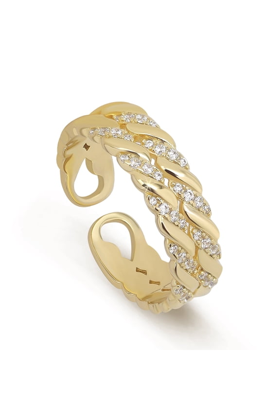 Gold Tone Adjustable Braided Open Band Statement Ring with Pavé Accents, Wrap Style Women Ring