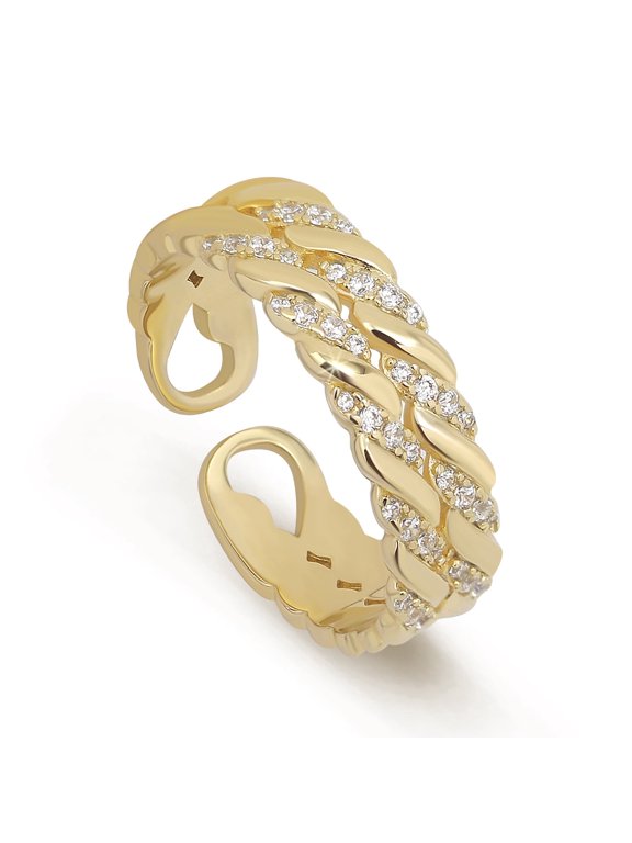 Gold Tone Adjustable Braided Open Band Statement Ring with Pavé Accents, Wrap Style Women Ring