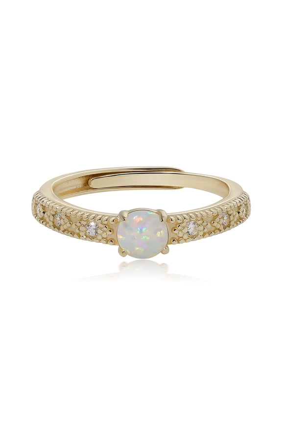 Gold Tone Adjustable Opal Open Band Ring with Pavé Accents, Classic Statement Fashion Ring for Women