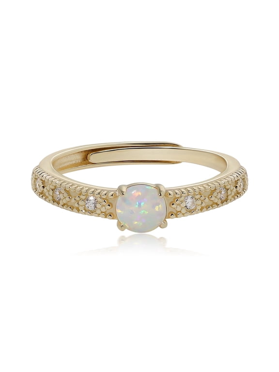 Gold Tone Adjustable Opal Open Band Ring with Pavé Accents, Classic Statement Fashion Ring for Women