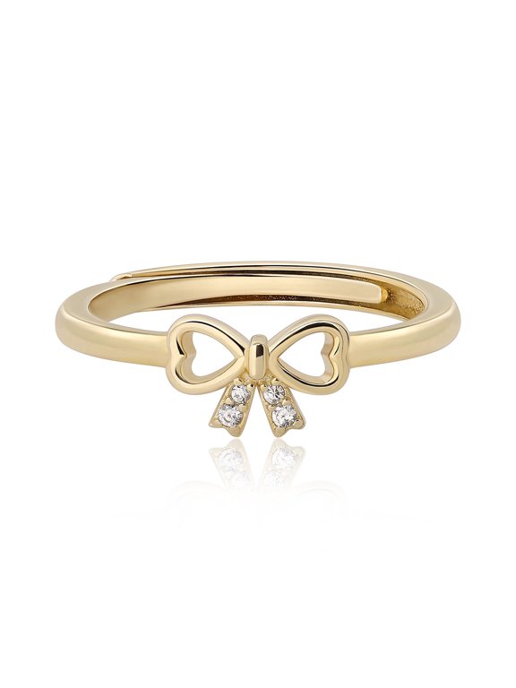 Gold Tone Adjustable Open Band Bow Knot Heart Ring with Pavé Accents, Classic Romantic Statement Ring for Women