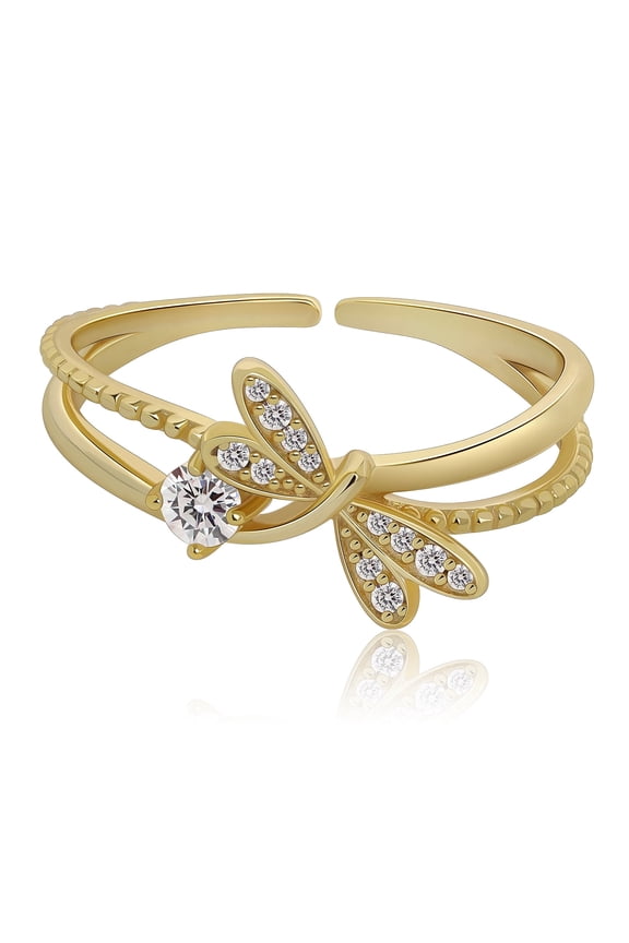 Gold Tone Adjustable Open Band Dragonfly Statement Ring with Pavé Wings and Double Band Design, Classic Fashion Ring for Women