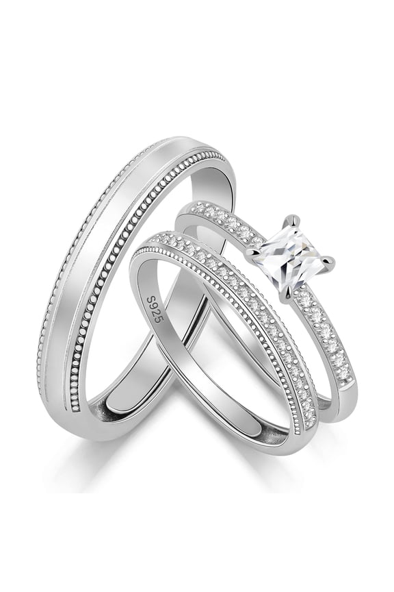 Matching Promise Rings Set Stackable Women’s Band Square-Cut Stone Ring, Minimalist His & Hers Jewelry Set for Everyday Wear