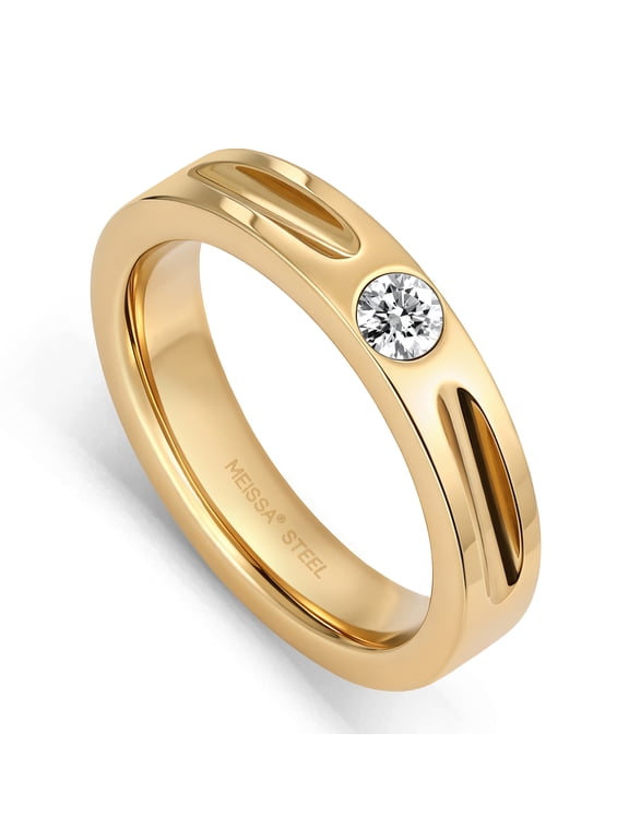 Men's Gold-Tone Stainless Steel Ring, Bezel Round CZ Grooved Band, Size 11