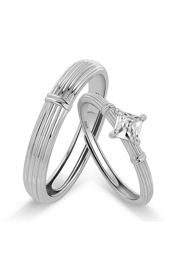 Modern His and Hers Matching Rings with Layered Line Texture, Men’s Minimal Band and Women’s Solitaire-Inspired Design, Timeless Promise Jewelry Set