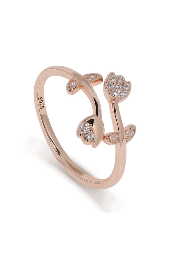 S925 Sterling Silver Rose Gold Plated Tulip Ring for Women, Dainty CZ Flower Open Wrap Band, Elegant Promise Jewelry for Gift