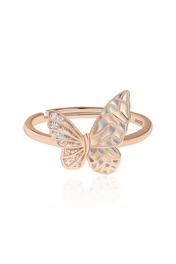 Rose Gold Butterfly Open Band Ring for Women, Delicate Wing Statement Ring with Soft Sparkle