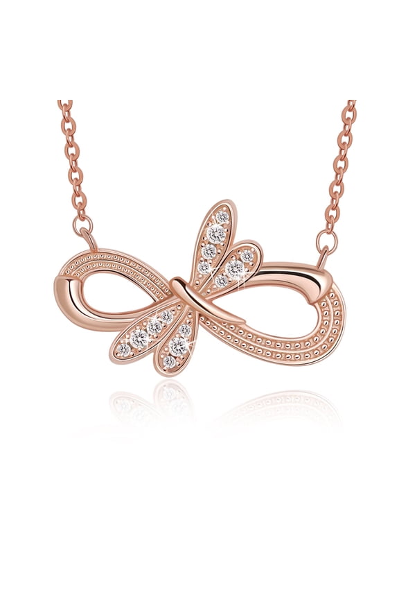 Rose Gold Dragonfly Infinity Pendant Necklace, Elegant Sparkling Charm Necklace for Women