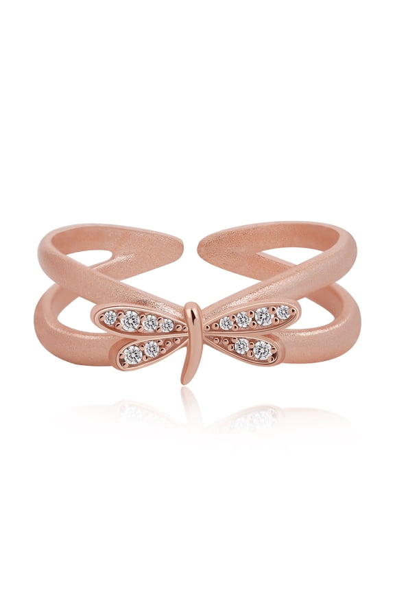 Rose Gold Dragonfly Open Band Ring for Women, Matte Crossover Fashion Ring with Subtle Sparkle