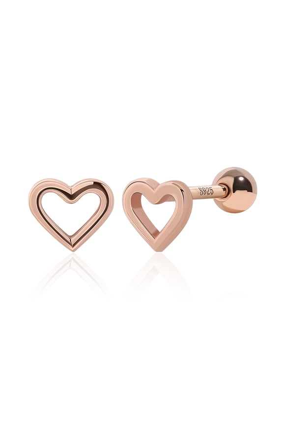 Rose Gold Plated Heart Screw Back Stud Earrings with Polished Finish Flat Back Design