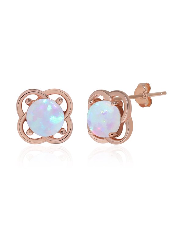 Rose Gold Plated Sterling Silver Opal Stud Earrings – Soft Clover-Inspired Frame with Iridescent Opal Center, Elegant Everyday Stud Earrings