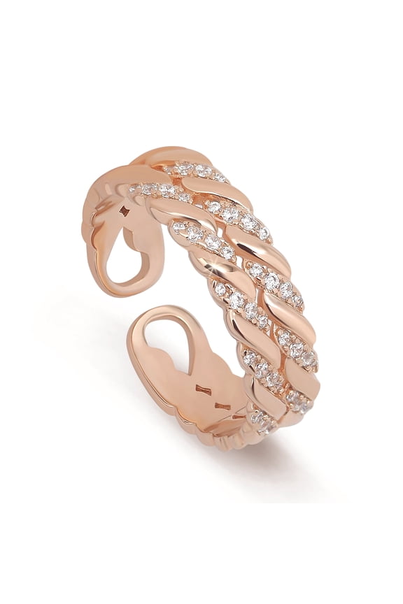 Rose Gold Tone Adjustable Braided Band Wrap Ring with Pavé Details, Modern Open Statement Ring for Women