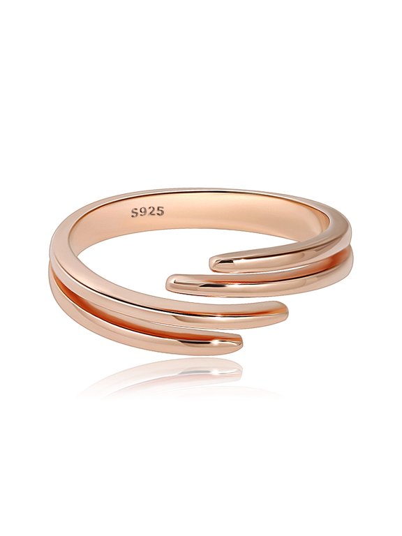Rose Gold Tone Adjustable Wrap Band Ring with Layered Curved Design, Modern Minimalist Open Statement Ring