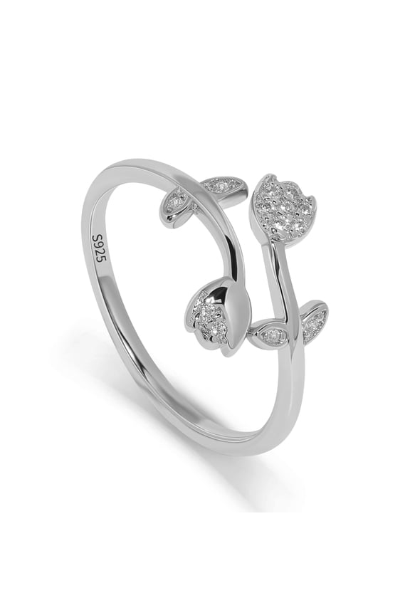 S925 Silver Adjustable Heart Leaf Ring for Women, Elegant Crossover Band Ring with Sparkling Stone Accents