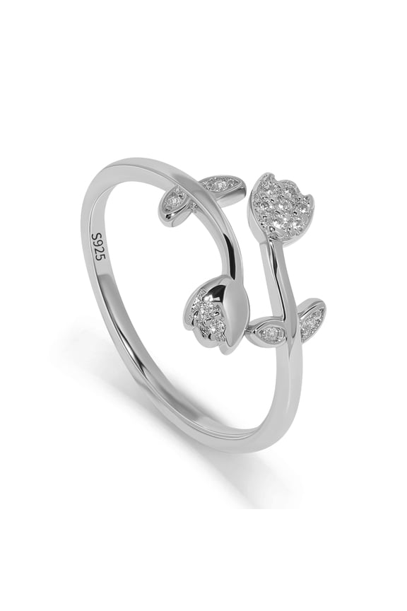 Silver Adjustable Heart Leaf Ring for Women, Elegant Crossover Band Ring with Sparkling Stone Accents