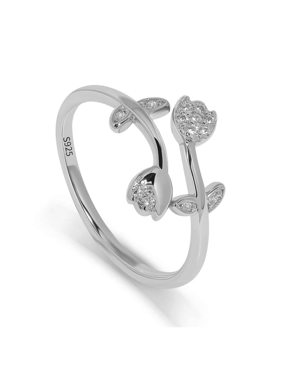 S925 Sterling Silver Tulip Ring for Women, Dainty CZ Flower Open Wrap Band, Elegant Promise Jewelry for Gift