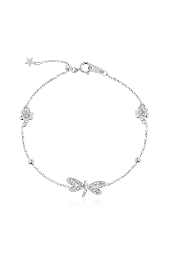 Silver Dragonfly Chain Bracelet with Floral Accents, Adjustable Delicate Bracelet, Elegant Minimalist Dragonfly Bracelet