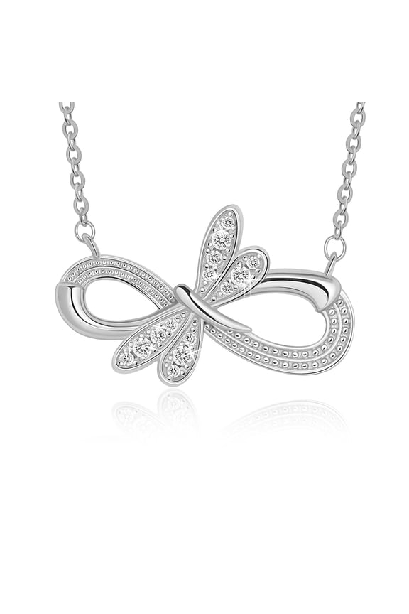 Silver Dragonfly Infinity Necklace with Sparkling Accents, Classic Chain Pendant Necklace, Timeless Silver-Tone Necklace