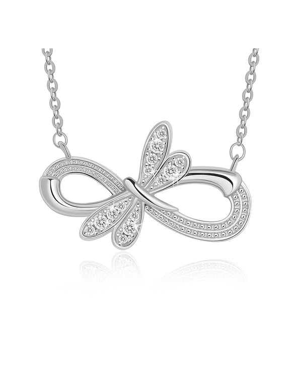 Silver Dragonfly Infinity Necklace with Sparkling Accents, Classic Chain Pendant Necklace, Timeless Silver-Tone Necklace