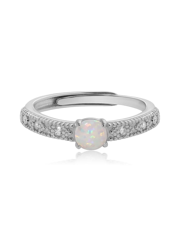 Silver Tone Adjustable Opal Open Band Ring with Pavé Accents, Classic Elegant Fashion Ring for Women