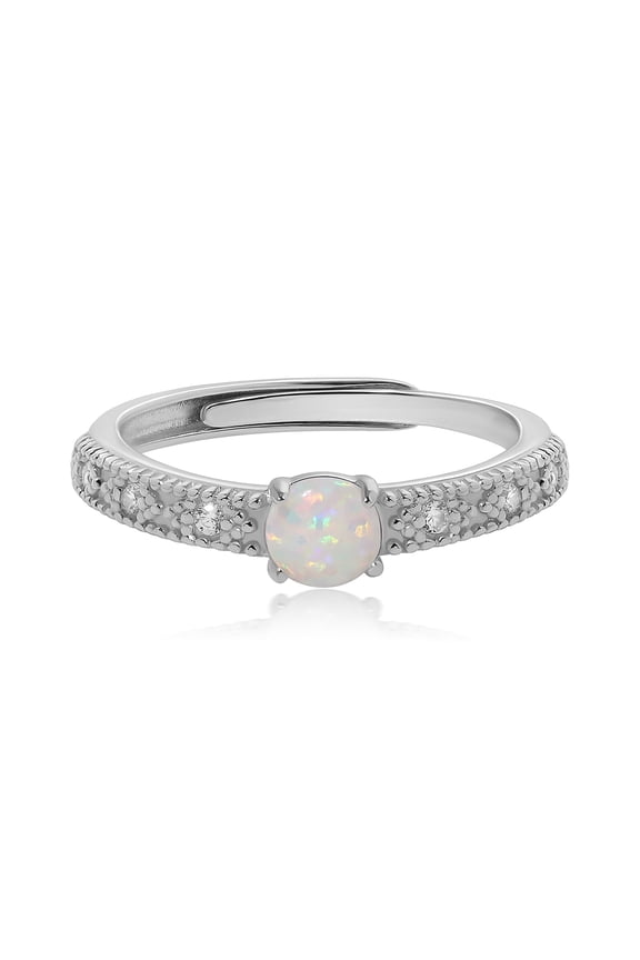 Silver Tone Adjustable Opal Open Band Ring with Pavé Accents, Classic Elegant Fashion Ring for Women