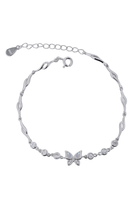 Silver Tone Butterfly Chain Bracelet with Round Sparkling Stone, Delicate Link Bracelet for Women with Elegant Minimal Style