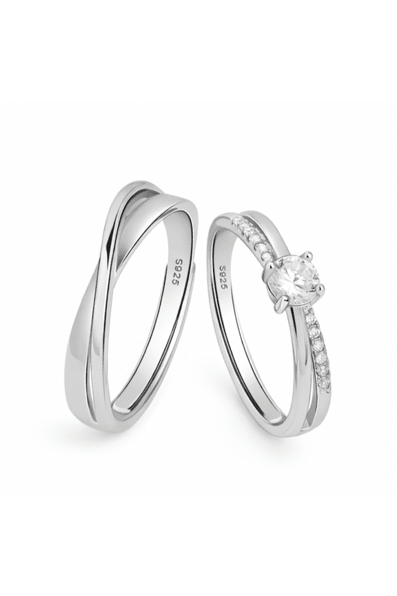 Sleek Curved Men’s Band and Elegant Solitaire Women’s Ring with Pavé Accents, Contemporary Matching Promise Rings for Couples