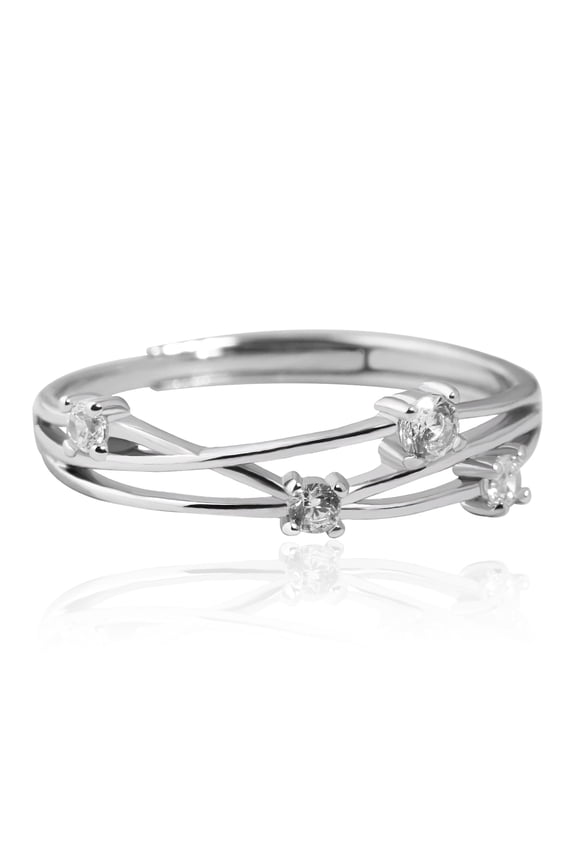 Sterling Silver Adjustable Criss Cross Band Ring with Round Clear Stones Simple Stackable Ring