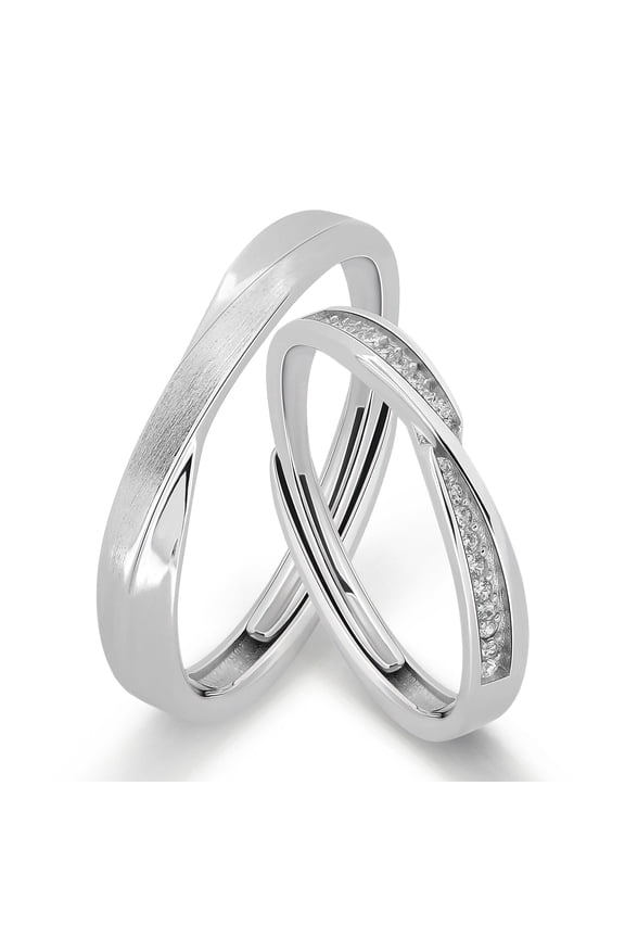 Sterling Silver Couple Ring Set for Him and Her – Brushed and Polished Matching Bands with CZ Inlay, Comfort Fit Wedding Promise Jewelry