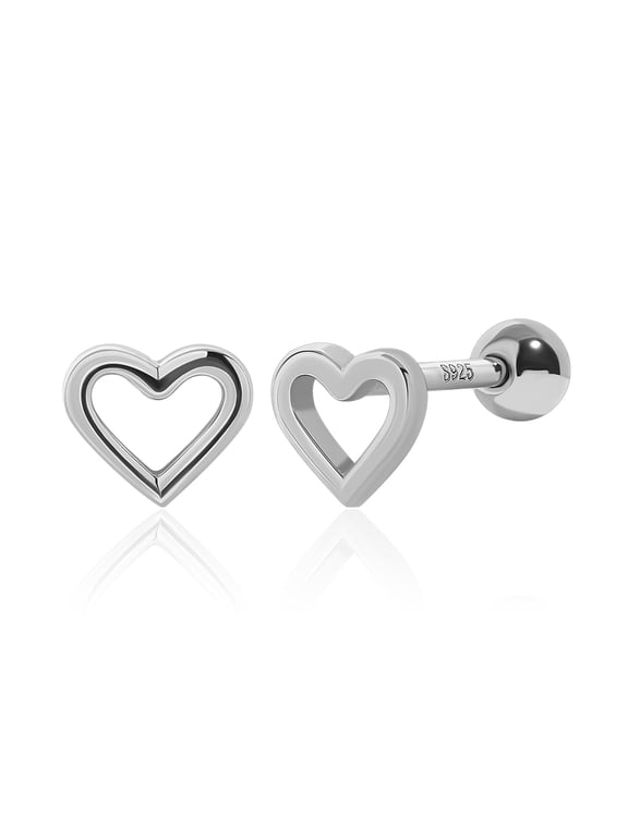 Silver-Tone Heart Screw Back Stud Earrings, Small Open Heart Jewelry for Women