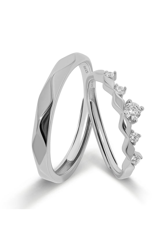 Sterling Silver His and Hers Couple Ring Set – Sculpted Matching Bands with Multi CZ Accents, Comfort Fit Engagement Wedding Promise Jewelry