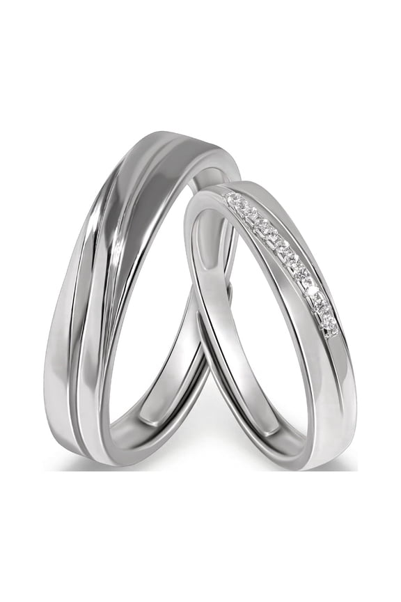 Sterling Silver His and Hers Ring Set – Smooth Polished Bands with CZ Detail, Classic Couple Jewelry