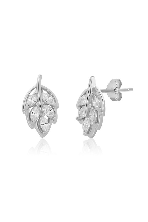 Sterling Silver Leaf Stud Earrings with Marquise-Cut CZ – Sculpted Botanical Design, Polished Finish, Elegant Sparkling Stud Earrings